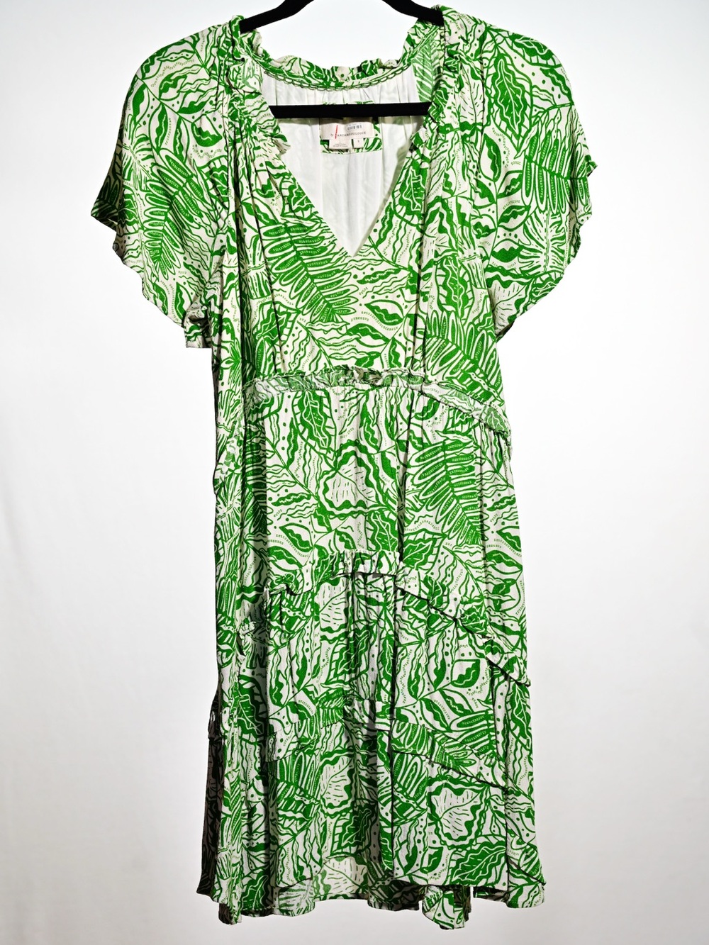 Anthropologie Green and White Printed V-Neck Mini Dress